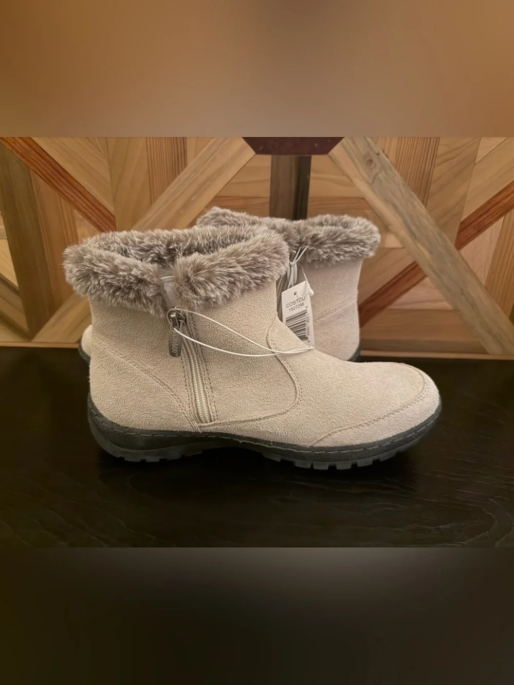 Khombu Cozy Faux Fur Winter Ankle Boots - Light Taupe, size 10